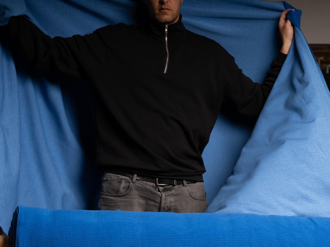 Blue Pontetorto Grid Fleece Fabric, Italian Technical Knit by Meter