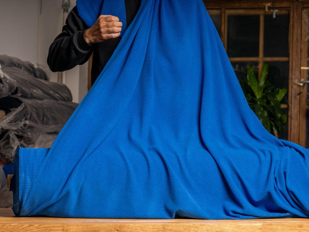Blue Pontetorto Grid Fleece Fabric, Italian Technical Knit by Meter